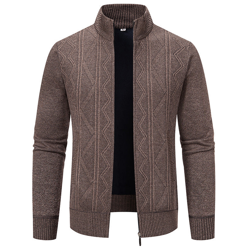 Herren elegante Strickjacke mit strukturiertem Zopfmuster und hohem Kragen Drune