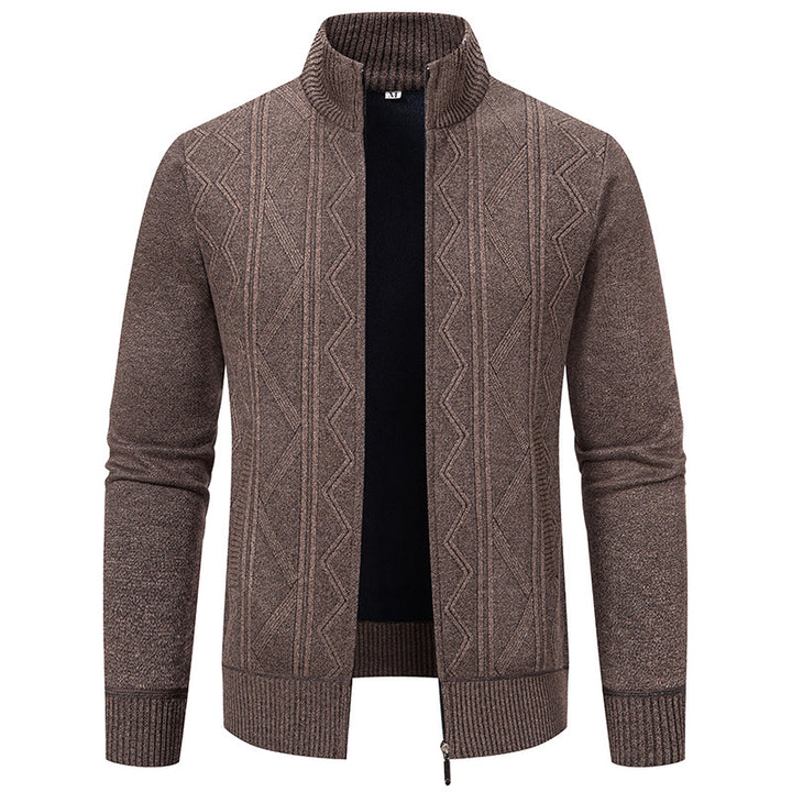 Herren elegante Strickjacke mit strukturiertem Zopfmuster und hohem Kragen Drune