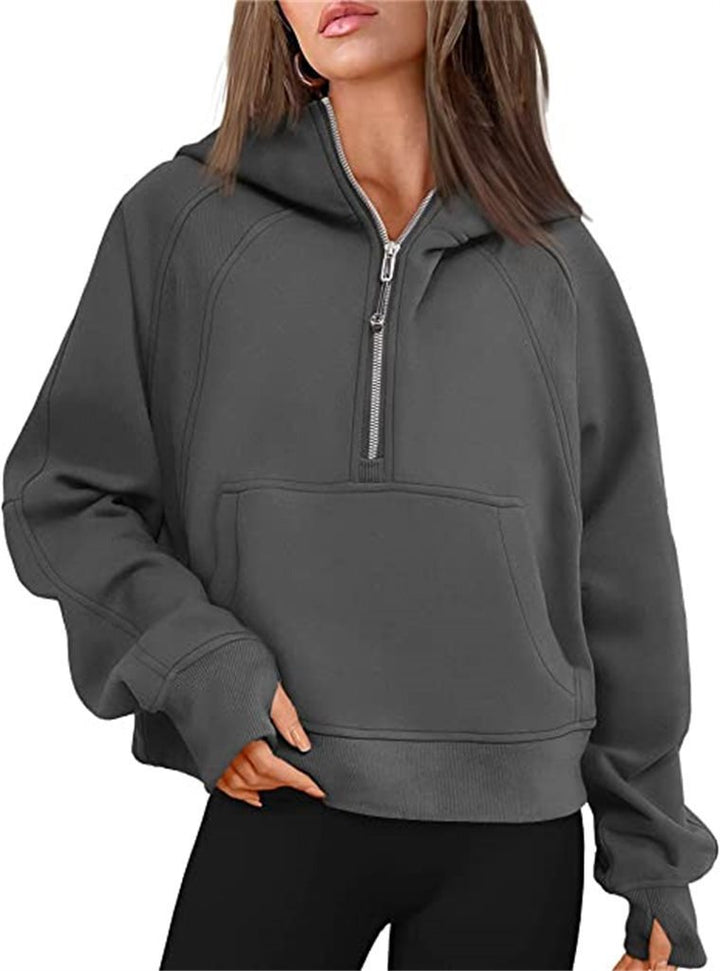 Damen Kapuzenpullover mit halbem Reißverschluss und praktischer Kängurutasche Drune