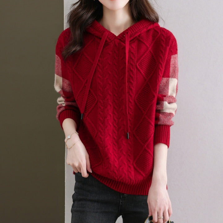 Damen Strickpullover mit Kapuze und modischem Karomuster Drune