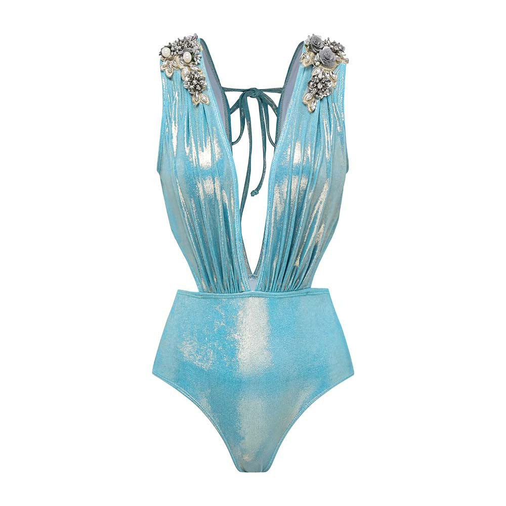Damen Luxuriöser Schwimmanzug mit schulterfreien Rüschenträgern und passendem Maxirock Drune
