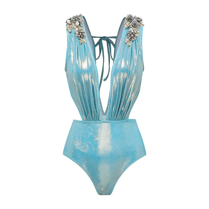 Damen Luxuriöser Schwimmanzug mit schulterfreien Rüschenträgern und passendem Maxirock Drune
