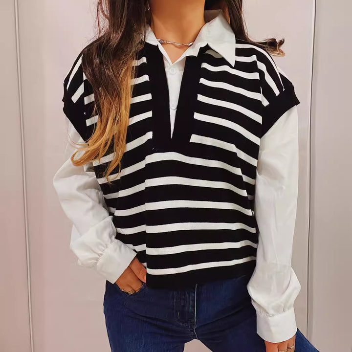 Damen lässiger Polo-Pullover mit gestreiften Design und leichten Puffärmeln Drune