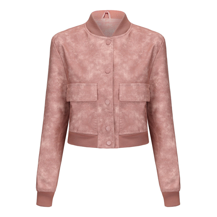 Damen nan kurze Crop-Kunstlederjacke im Blousonstil mit Druckknopffront und aufgesetzten Pattentaschen Drune