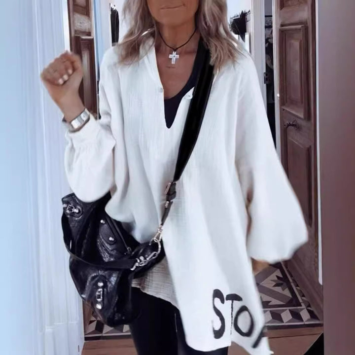 Damen Oversize-Shirt mit tiefem V-Ausschnitt und voluminösen Ärmeln Drune