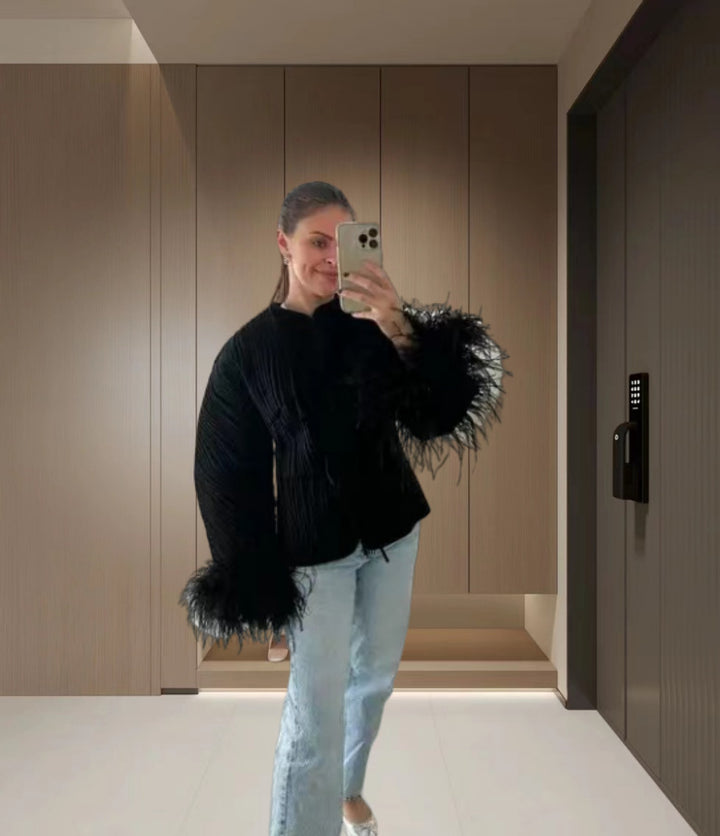 Damen Elegante Strickjacke mit voluminösen Ärmeln und feinem Muster Drune