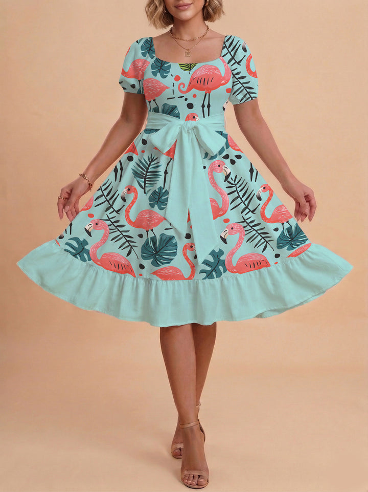 Damen Midi Kleid mit elegantem Blumendruck und tailliertem Gürtel Drune