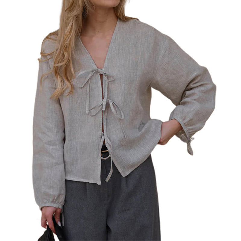 Damen Leinenbluse mit eleganten Schleifen Drune
