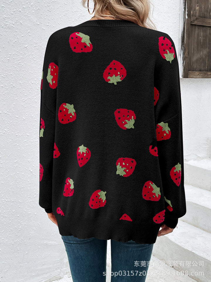 Damen Strickjacke mit Erdbeer-Muster Drune