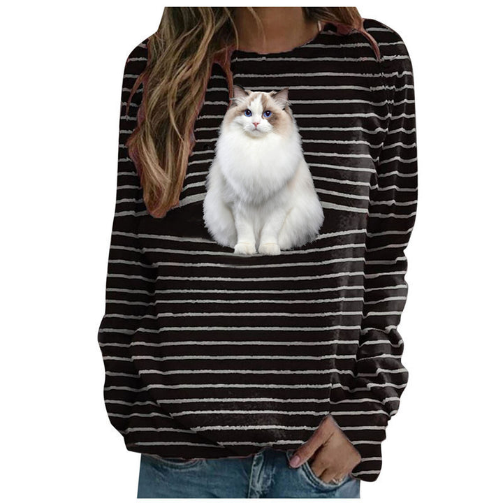 Damen nan lässiger Streifenpullover mit fotorealistischer Katzentasche und Rundhalsausschnitt Drune