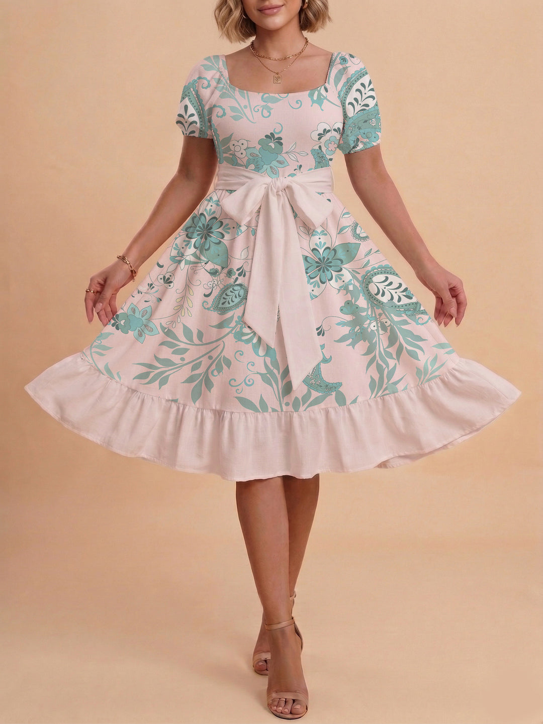Damen A-Linien-Kleid mit floralen Motiven und taillierbarem Gürtel Drune
