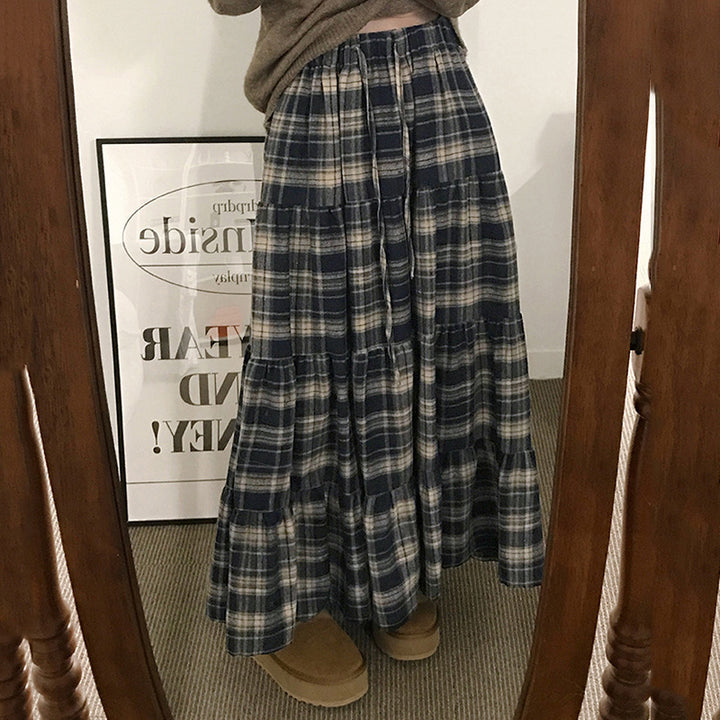Damen Langer, karierter Maxi-Rock im Lagenlook Drune