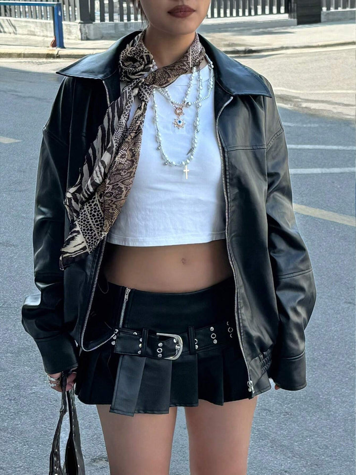 Damen Modische Lederjacke im trendigen Oversized-Stil Drune