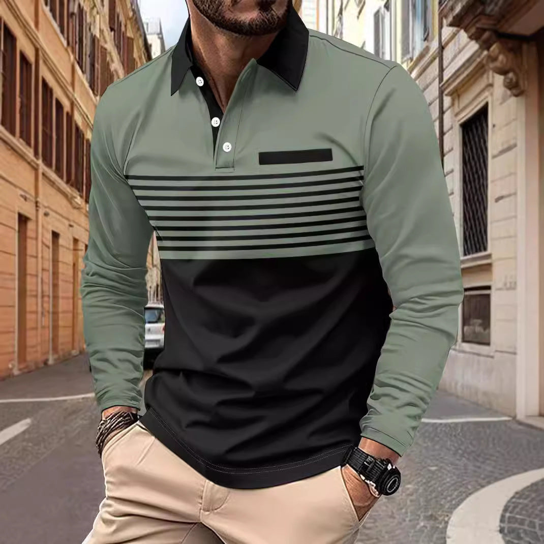 Herren nan langärmliges Poloshirt mit kontrastierendem Hemdkragen, dezenter Brustpaspel und feinem Streifenrelief Drune