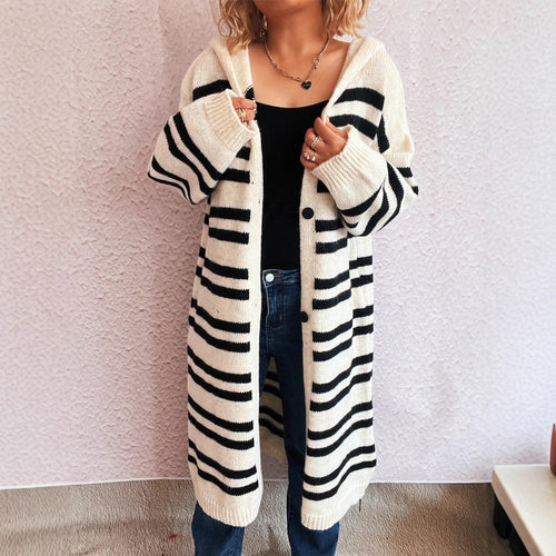 Damen gemütlicher Strickcardigan mit modischem Streifenmuster und Kapuze Drune