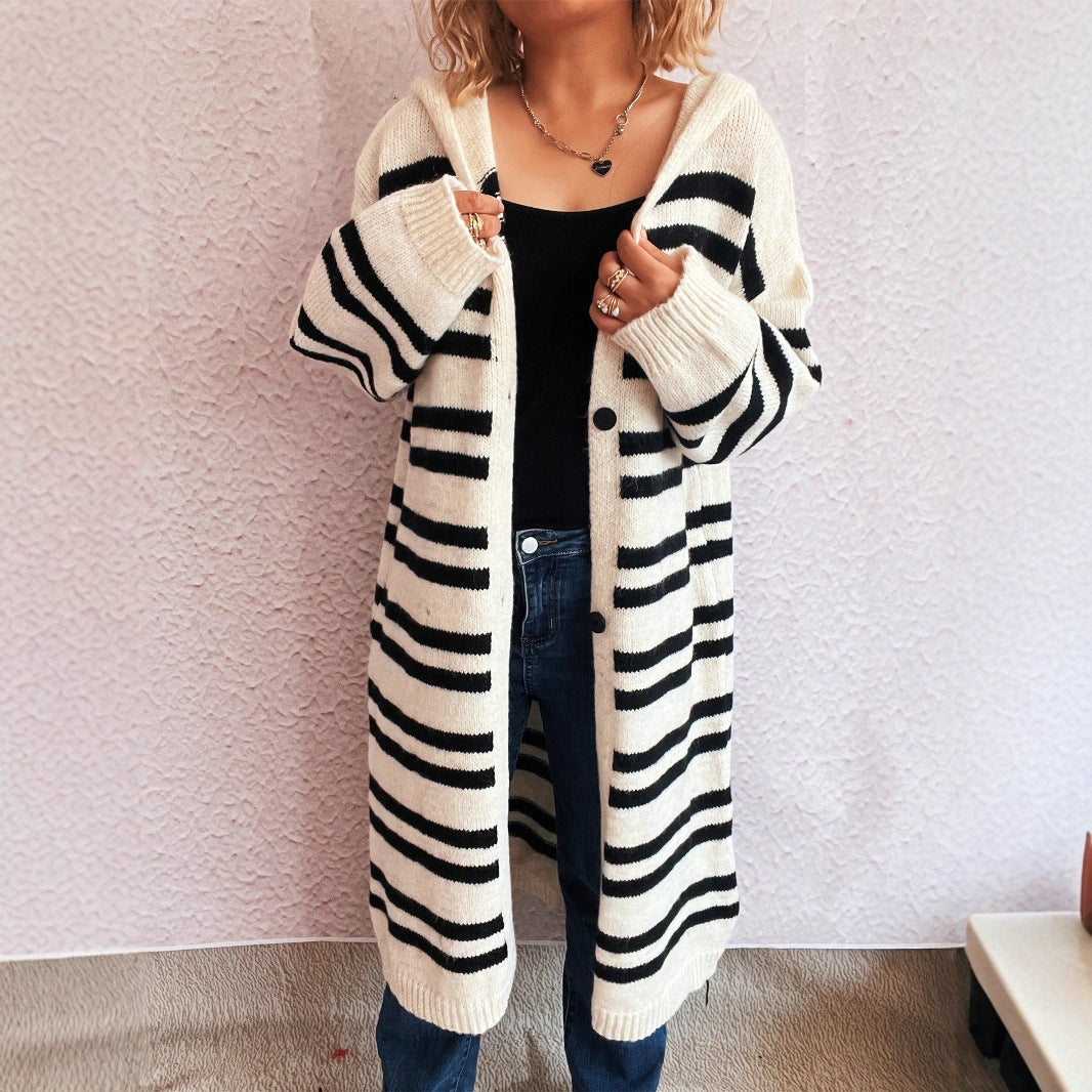 Damen gemütlicher Strickcardigan mit hochgeschlossenem Kragen und modischem Streifenmuster Drune