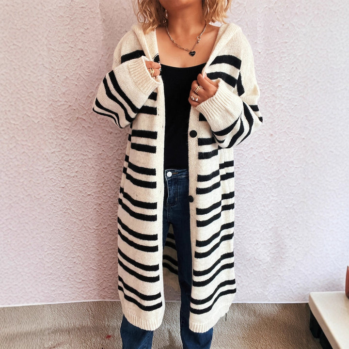 Damen gemütlicher Strickcardigan mit hochgeschlossenem Kragen und modischem Streifenmuster Drune