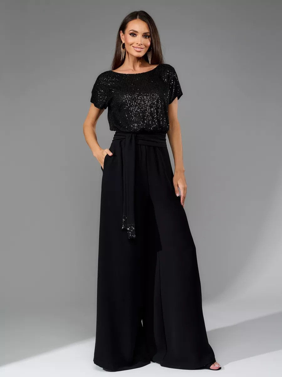 Damen Glitzernder Jumpsuit mit weitem Bein und Taillengürtel Drune