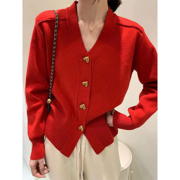 Damen Elegante Strickjacke mit dekorativen Knopfdetails und V-Ausschnitt Drune