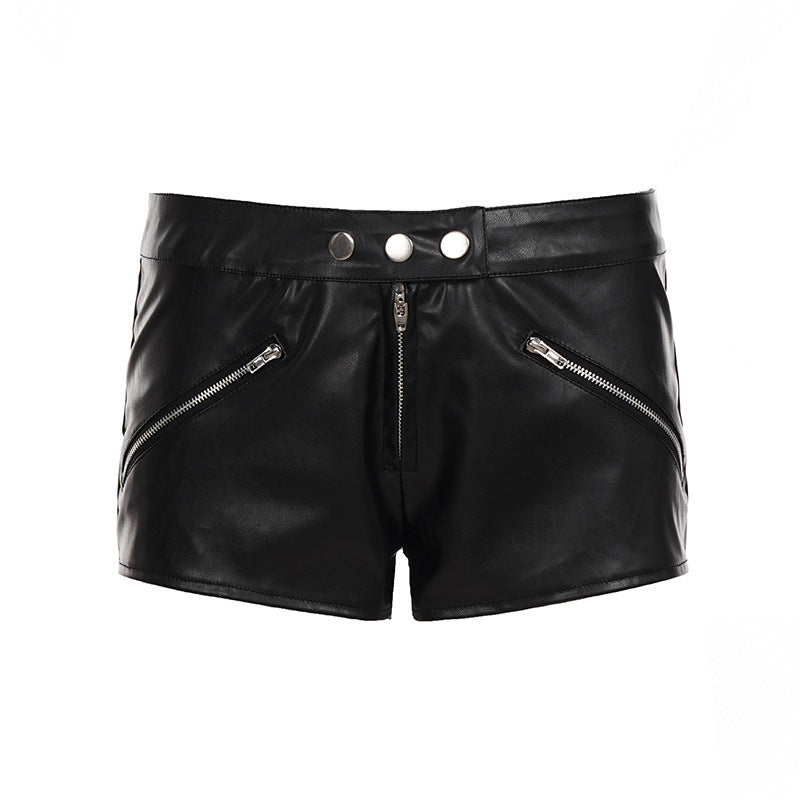 Damen Kunstleder Shorts mit angeschnittenem Schnitt und praktischen Reißverschlusstaschen Drune