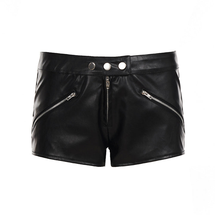 Damen Kunstleder Shorts mit angeschnittenem Schnitt und praktischen Reißverschlusstaschen Drune