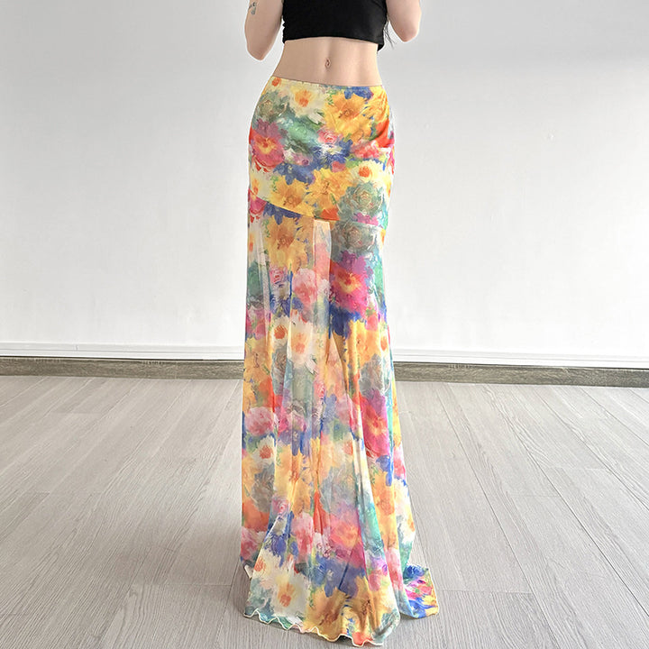 Damen Maxi-Rock mit floralem Chiffon-Design und schwingendem Saum Drune