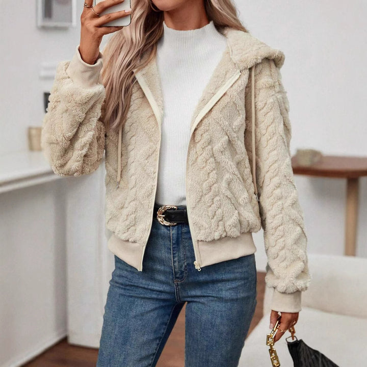 Damen modische Plüschjacke mit Kapuze und gerippten Bündchen Drune