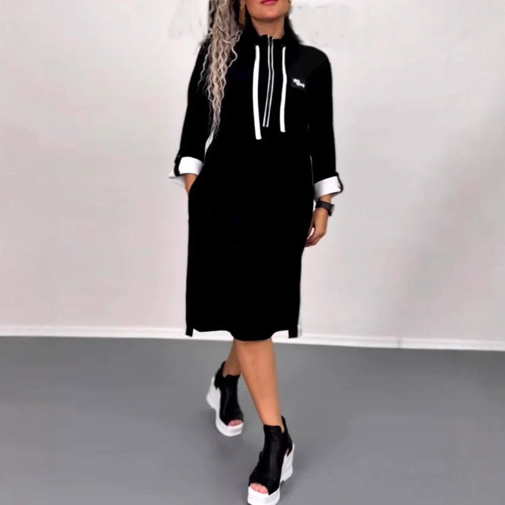 Damen Kapuzenkleid mit seitlichen Taschen und modischem Farbkontrast Drune