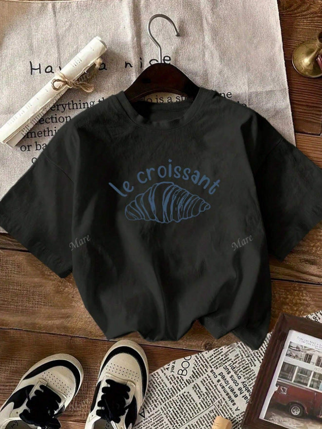Damen Casual Grafik T-Shirt mit Croissant Design Drune