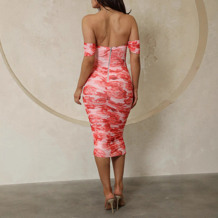 Damen Figurbetontes Midikleid mit schulterfreiem Design und floralem Print Drune
