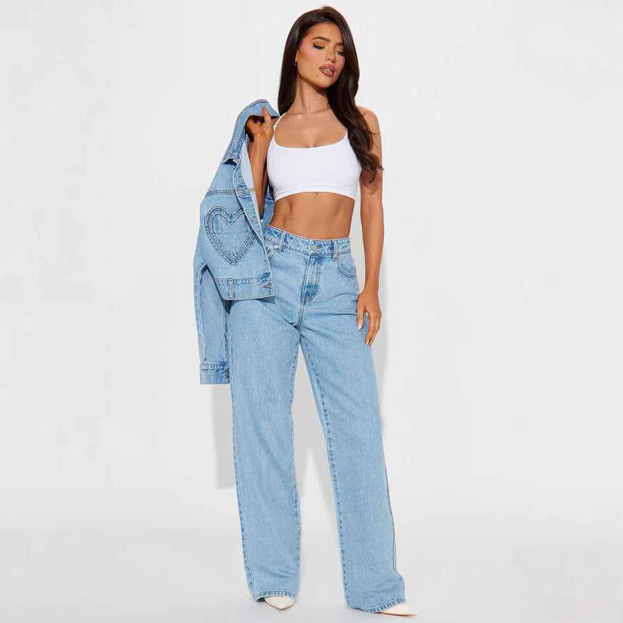 Damen nan hochgeschnittene Weitbein-Jeans mit taillierendem Bund, klassischem Five‑Pocket‑Schnitt und fließendem Bein Drune