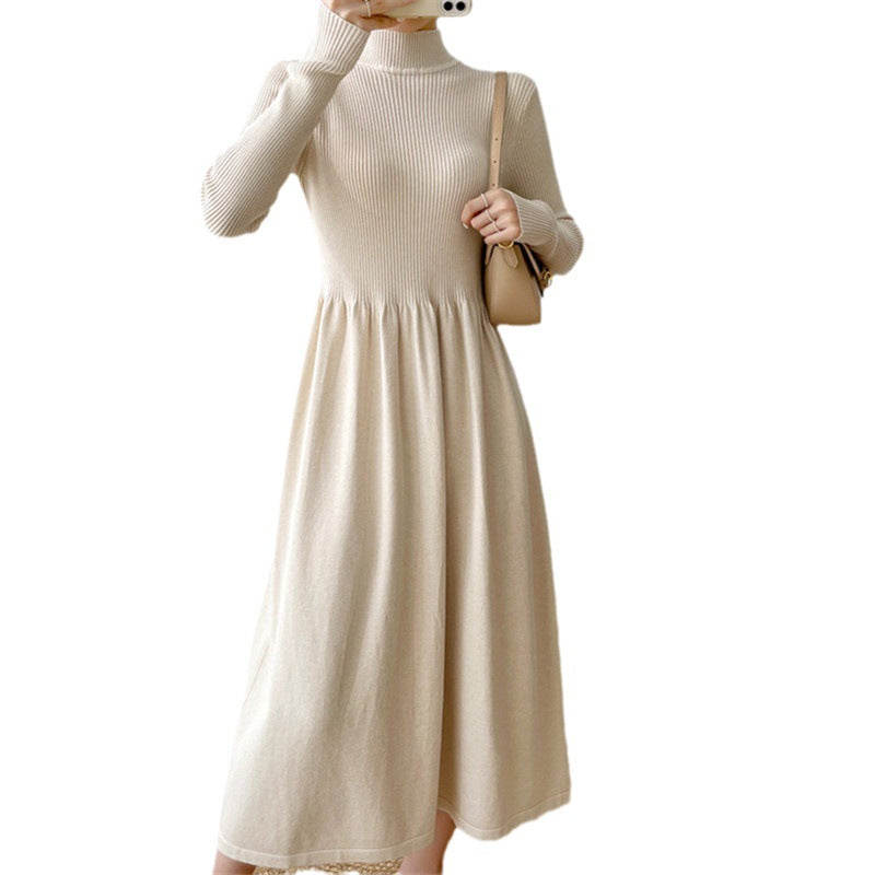 Damen elegantes midi Kleid mit dehnbarem Bund und langem Ärmel Drune