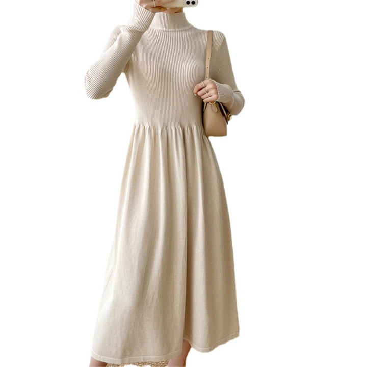 Damen elegantes midi Kleid mit dehnbarem Bund und langem Ärmel Drune