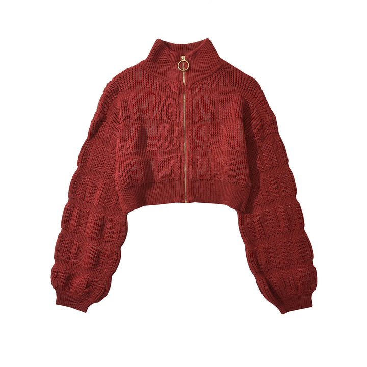 Damen Cropped Strickjacke mit dekorativem Reißverschluss und voluminösen Ärmeln Drune