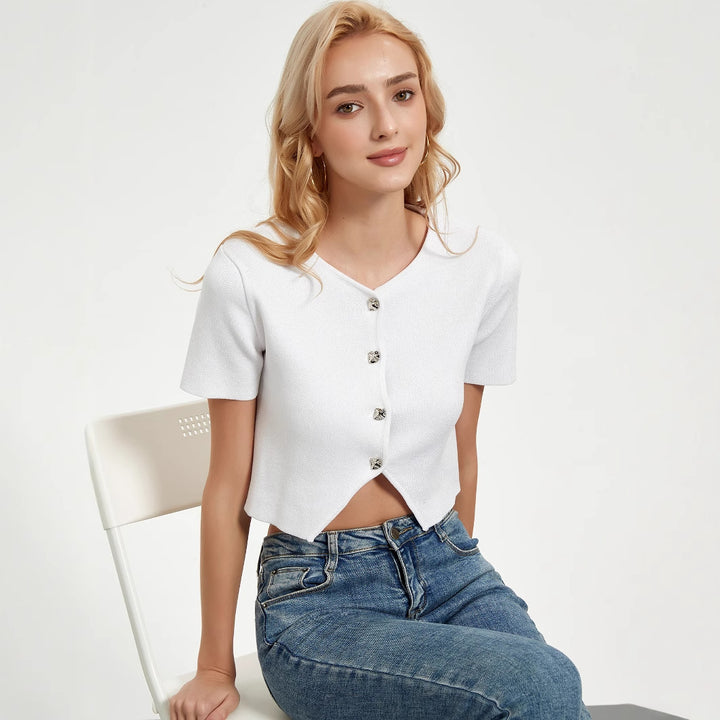 Damen Kurzarm Bluse mit dekorativen Knopfdetails Drune