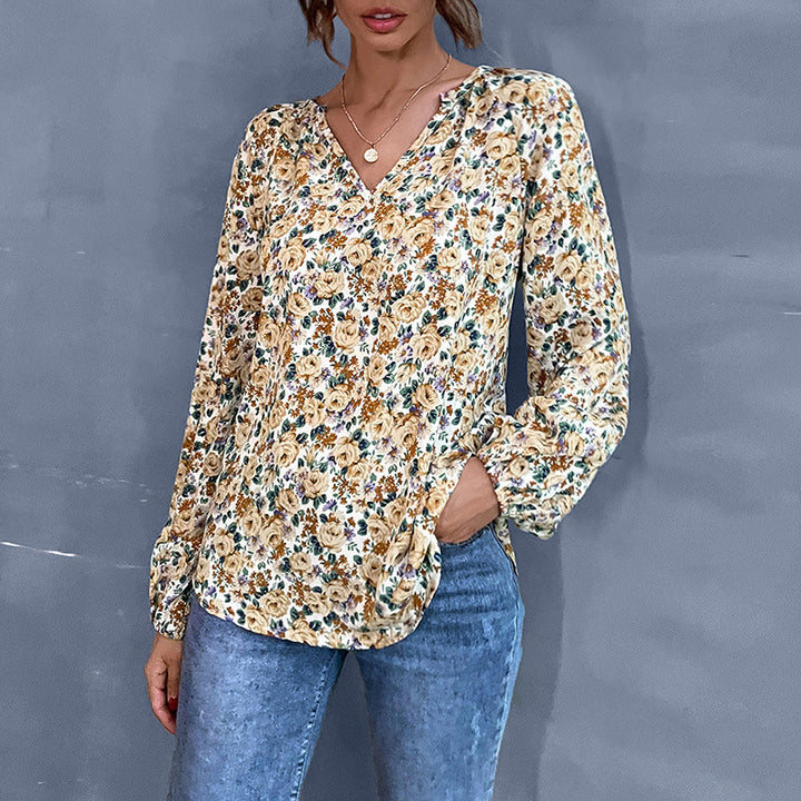 Damen Bluse mit floralen Mustern und gerafften Ärmeln Drune