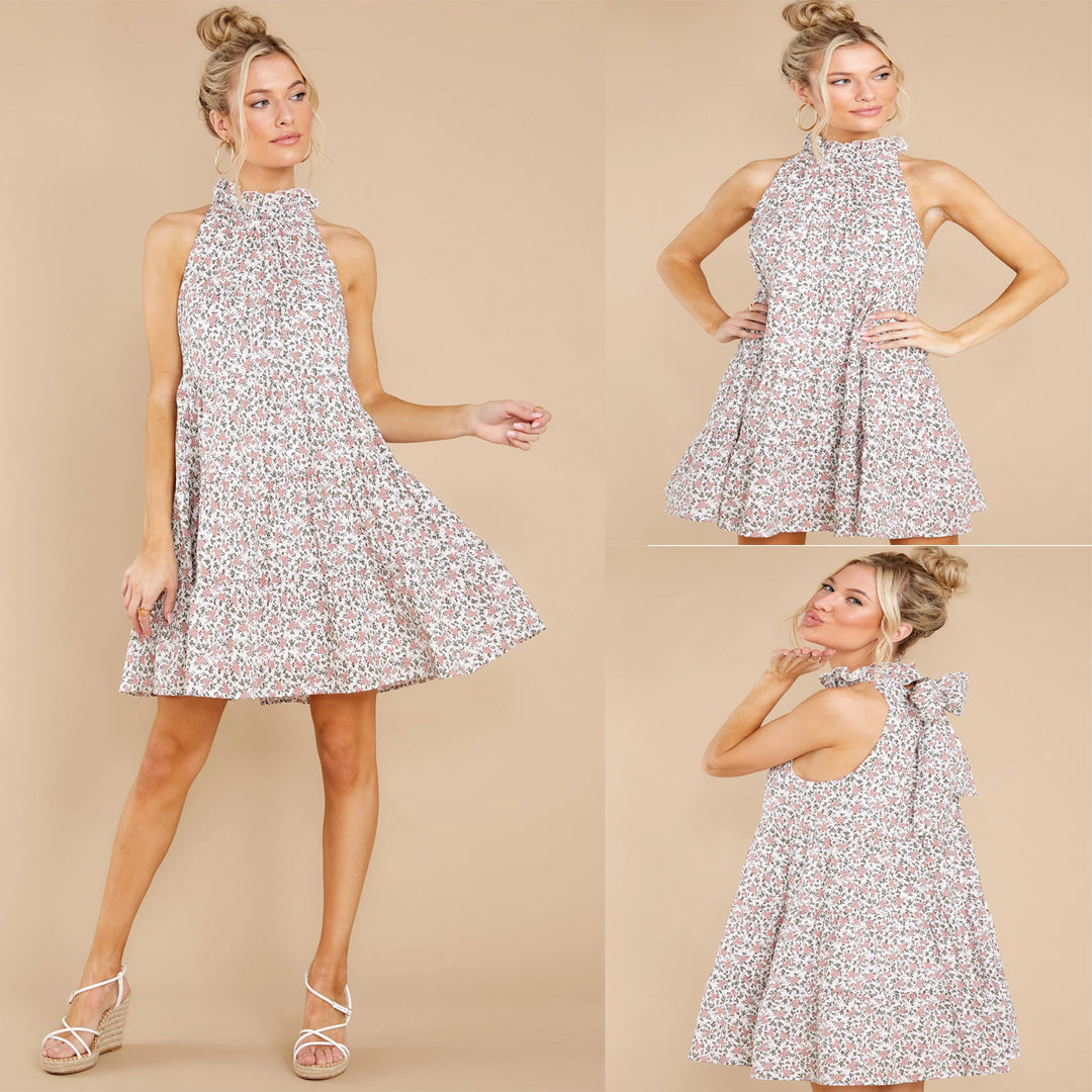 Damen Neckholder-Kleid mit verspielt-floralem Design und Rüschendetails Drune
