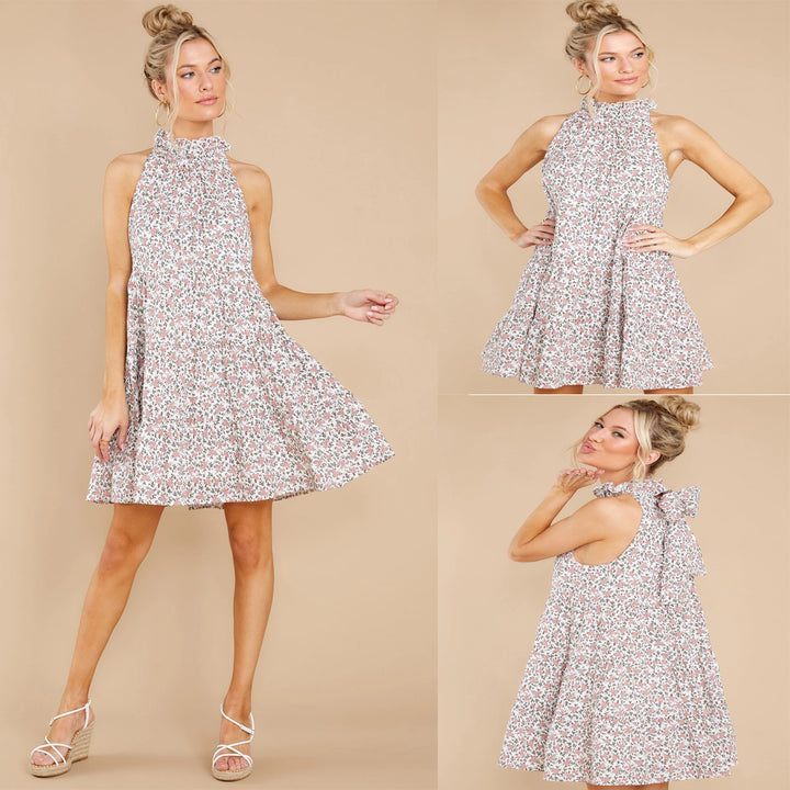 Damen Neckholder-Kleid mit verspielt-floralem Design und Rüschendetails Drune