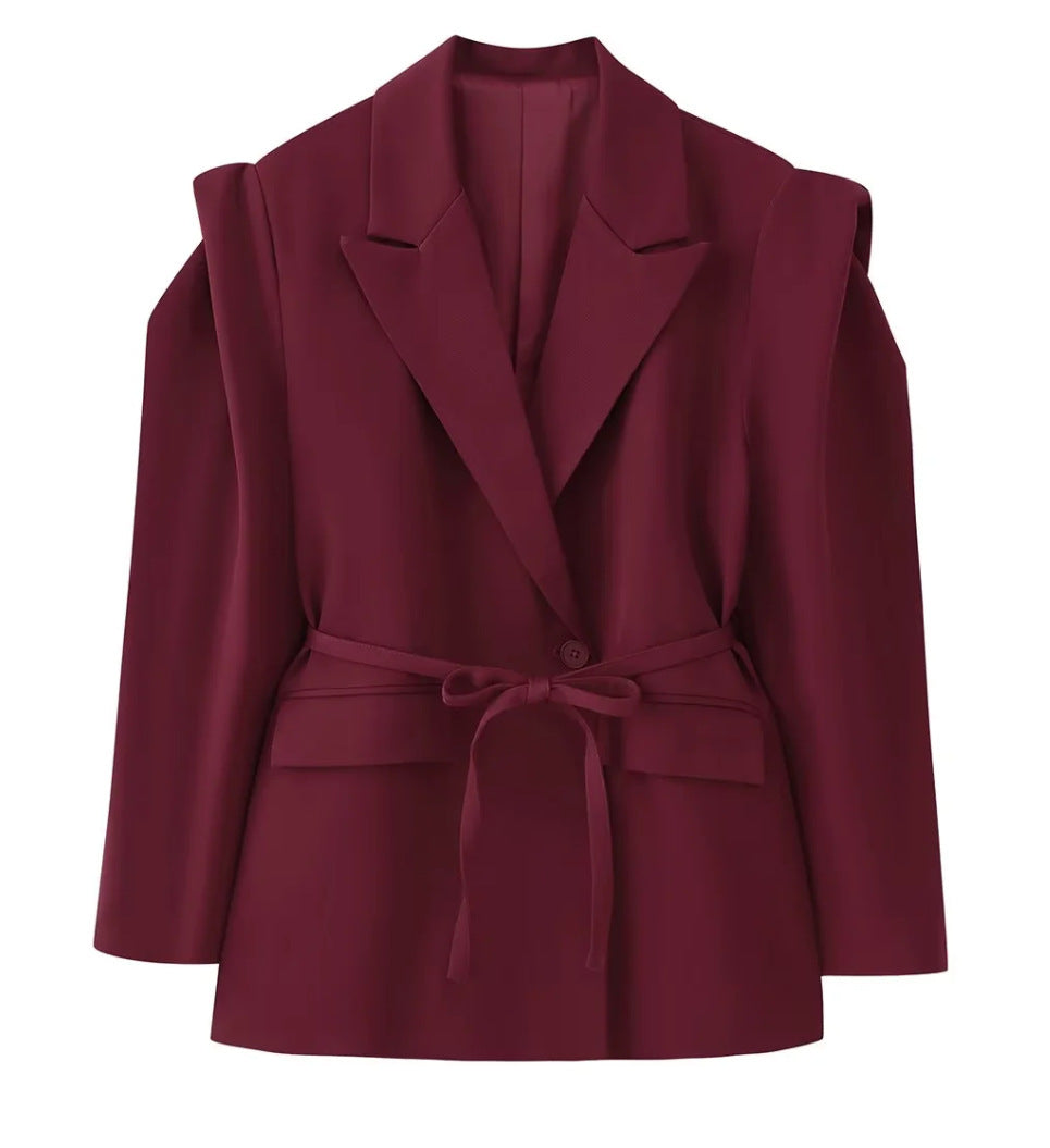 Damen nan taillierter Blazer mit Bindegürtel, Reverskragen und Schulterpolstern Drune