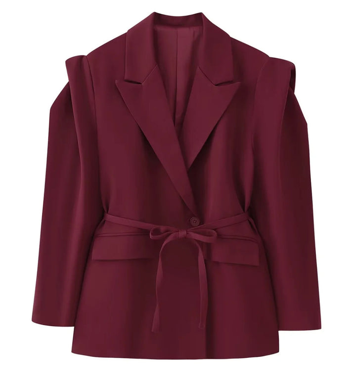 Damen nan taillierter Blazer mit Bindegürtel, Reverskragen und Schulterpolstern Drune