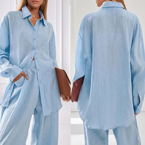 Damen lässiges Leinen-Hemd- und Hosen-Set Drune