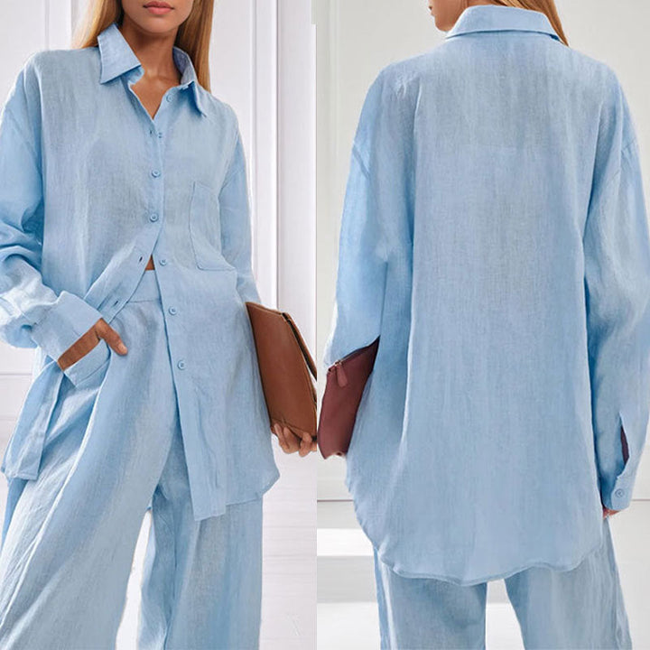 Damen lässiges Leinen-Hemd- und Hosen-Set Drune