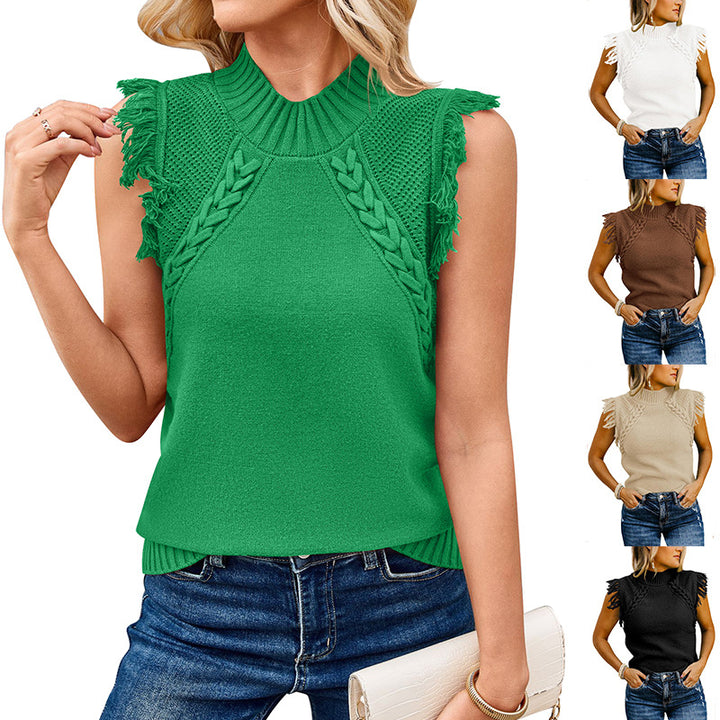 Damen elegantes Stricktop mit raffiniertem Häkelmuster und Fransen Drune
