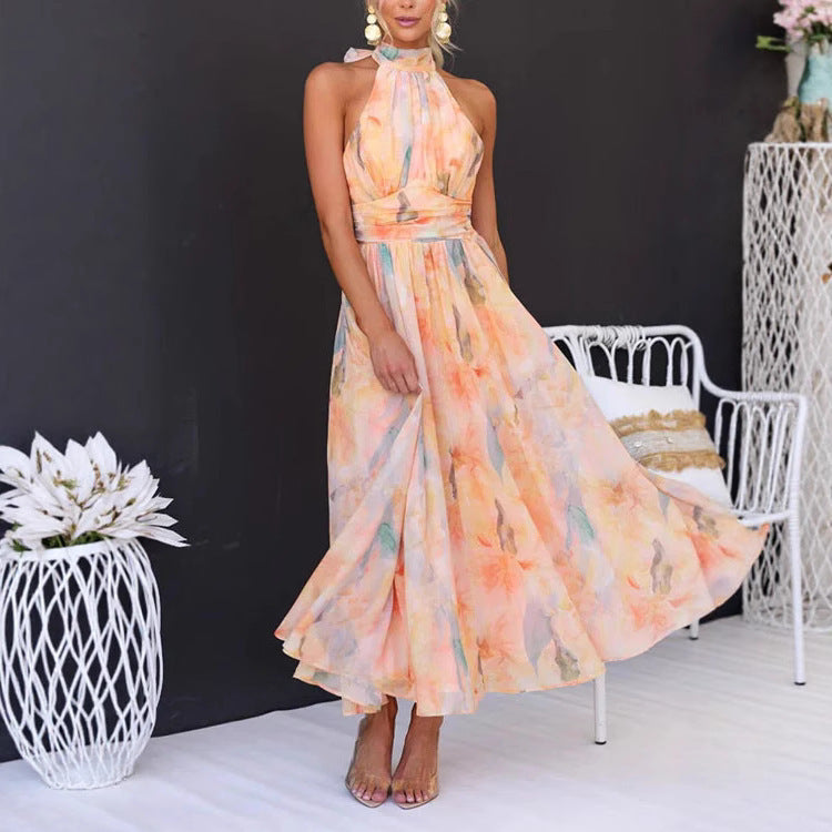 Damen Maxikleid mit schwingendem Rock und elegantem Halterneck Drune