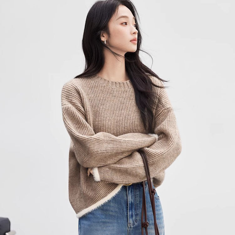 Damen Flauschiger Pullover mit weitem Schnitt und modernen Rippdetails Drune