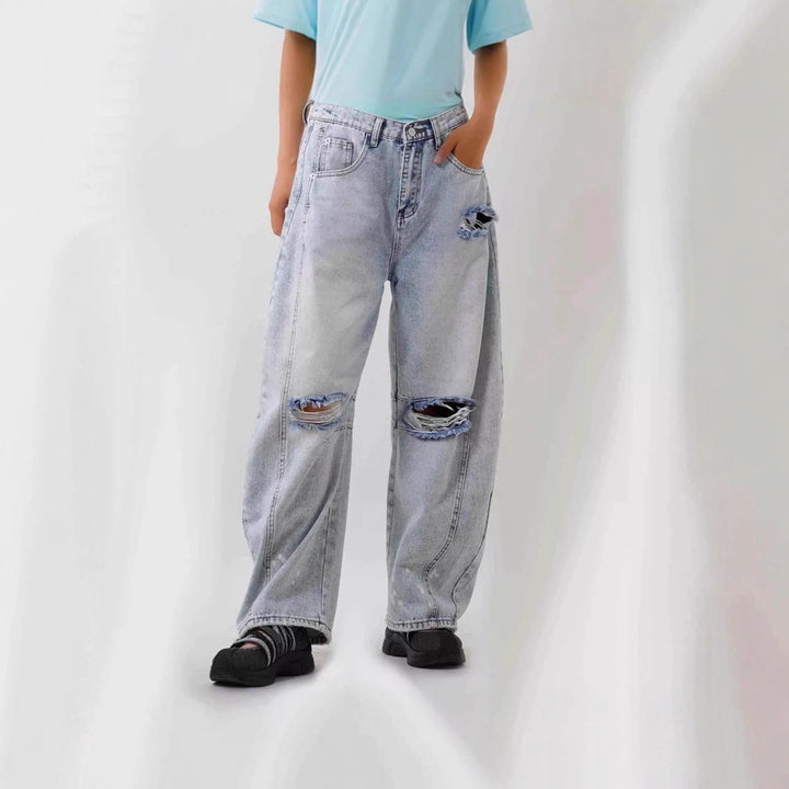 Damen nan Baggy-Jeans mit hohem Bund, sichtbaren Nahtpaneelen und distressed Kniepartien Drune