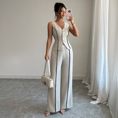 Damen elegante Hose-Anzug mit tailliertem Oberteil und Knopfdetails Drune