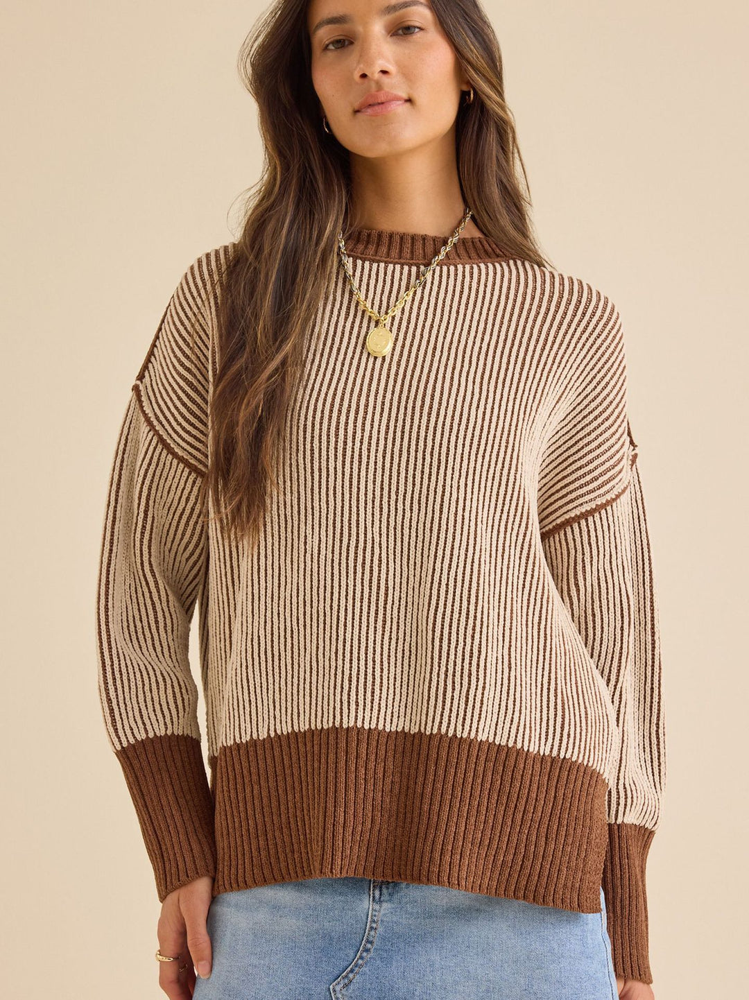 Damen lässiger Strickpullover mit modernem Rippenmuster und überschnittenen Schultern Drune