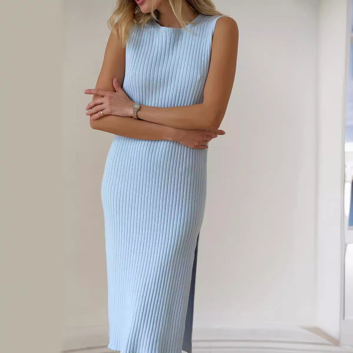 Damen elegantes, figurbetontes Strickkleid mit hohem Kragen und Rippstruktur Drune