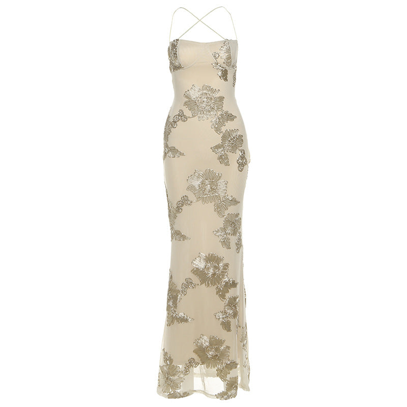 Damen Elegantes Bodenkonturierendes Maxikleid mit Spaghettiträgern und floralem Design Drune